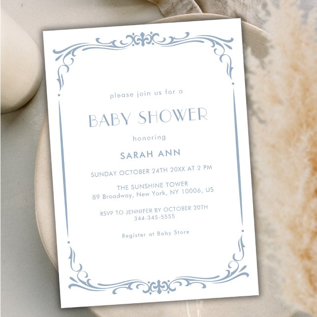 French Blue Classic Vintage Frame Baby Shower Invitation (French Blue Classic Vintage Frame Baby Shower Invitation)