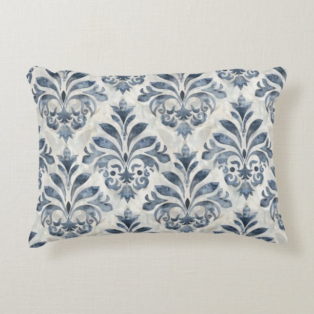 French Blue Damask Accent Pillow (Front)