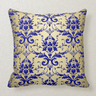 French Blue Damask Pattern with Gold Cushion