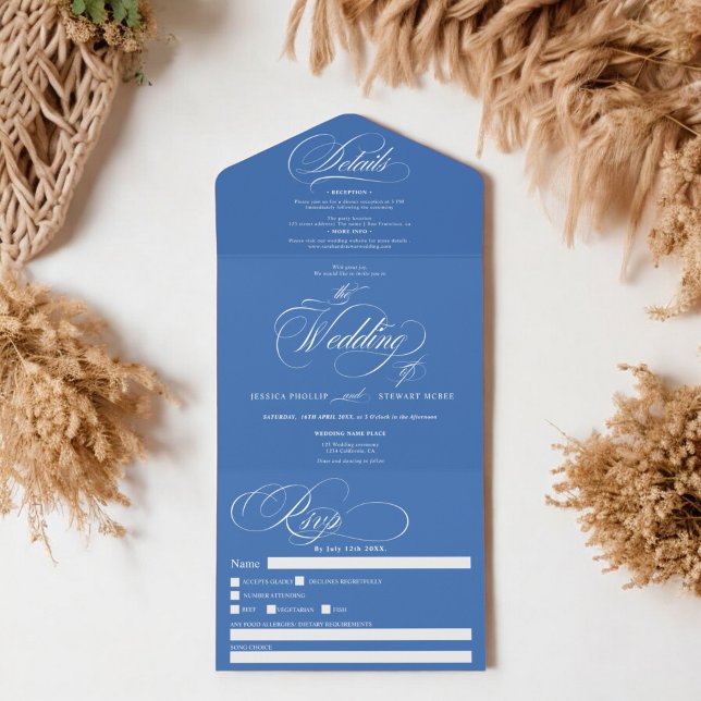 French blue elegant script calligraphy wedding all in one invitation (French blue elegant script calligraphy wedding all in one invitation)