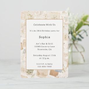 French Blue Envelope Heart Floral Birthday Invitation