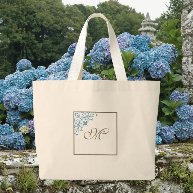French Blue Fleur de Lis Initial Script Monogram Large Tote Bag (Creator Uploaded)