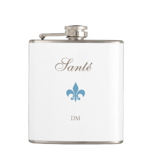 French Blue Fleur de Lis Santé Monogram Wedding Hip Flask