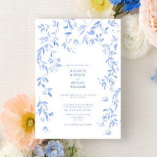 French Blue Floral Botanical Photo Wedding Invitation