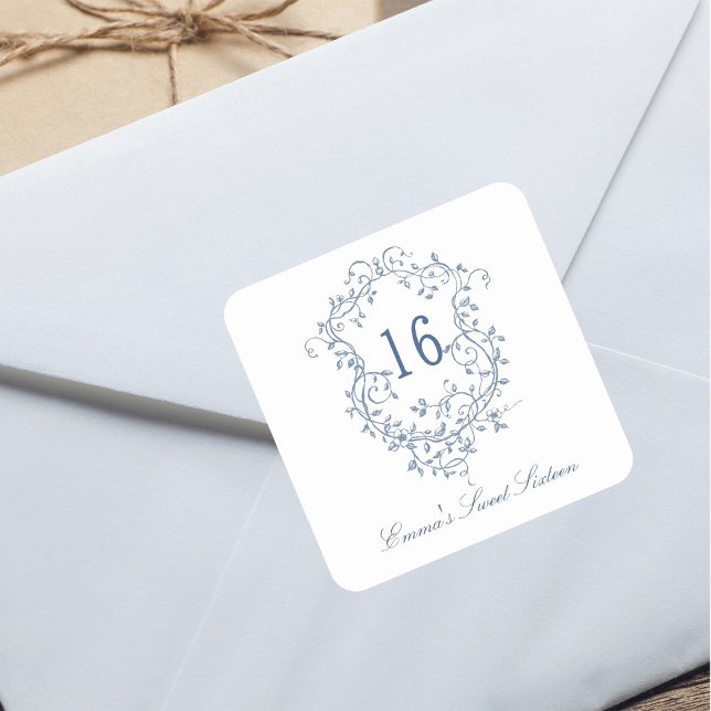 French Blue Floral Crest Sweet 16 Birthday Party Square Sticker (Creator Uploaded)
