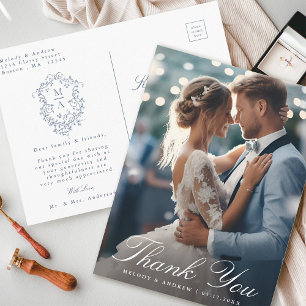 French Blue Floral Crest Wedding Photo Thank You Postcard