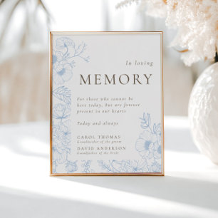 French Blue Floral Line Art In Loving Memory Poster