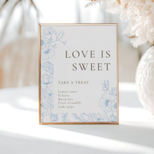 French Blue Floral Line Art Love is Sweet Poster