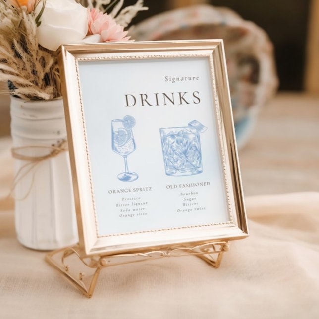French Blue Floral Line Art Signature Drinks Poster (Creator Uploaded)