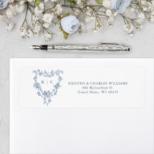 French Blue Floral Monogram Crest Return Address Label