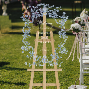 French Blue Flowers & Ribbons Wedding Welcome Acrylic Sign