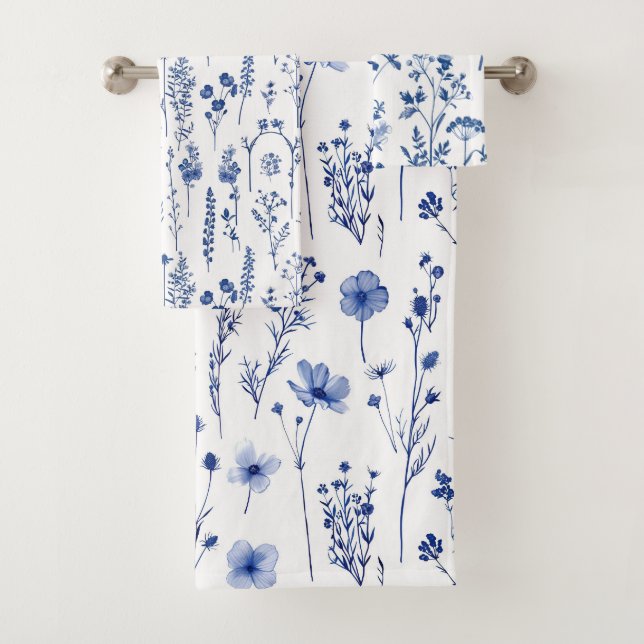 French Blue Garden Wildflowers Pattern Bath Towel Set (Insitu)