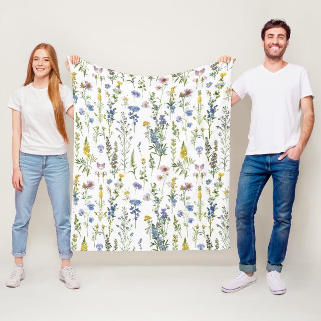 French Blue Garden Wildflowers Pattern Fleece Blanket (In Situ)