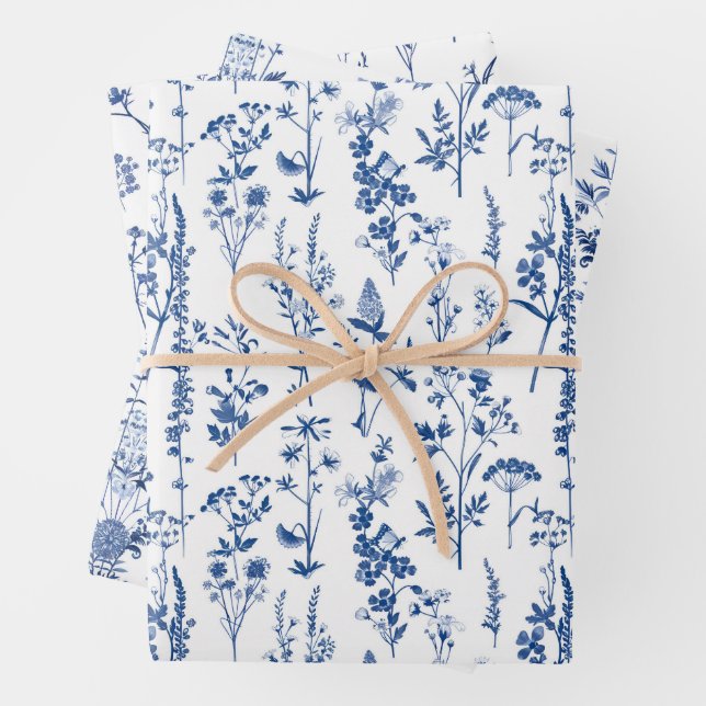 French Blue Garden Wildflowers Pattern Wrapping Paper Sheet (In situ)