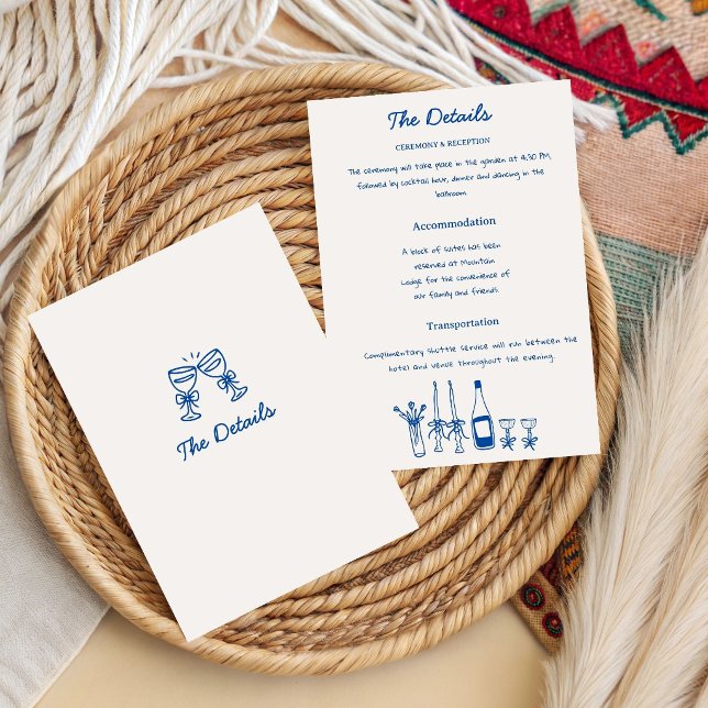 French Blue Hand Drawn Champagne Whimsical Wedding Invitation (Creator Uploaded)