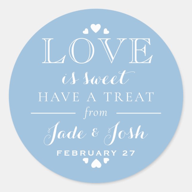 French Blue Hearts Love is Sweet Wedding Favour Classic Round Sticker (Front)