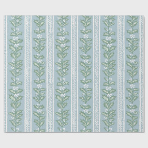 French Blue Holly Stripe, Christmas Botanical Wrapping Paper