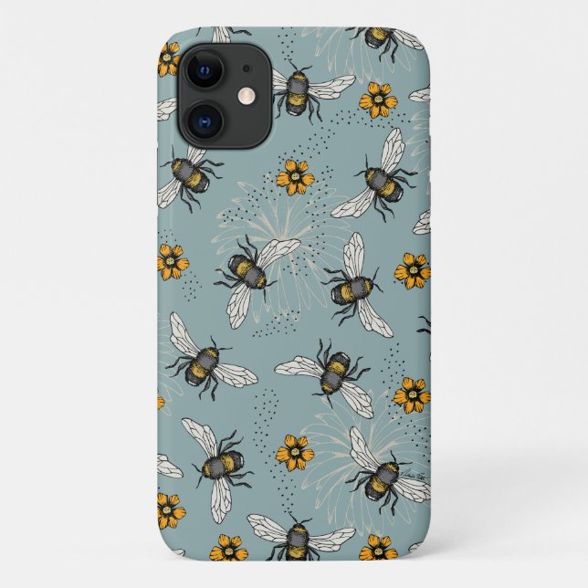 French Blue Honeybee and Flowers Pattern Case-Mate iPhone Case (Back)