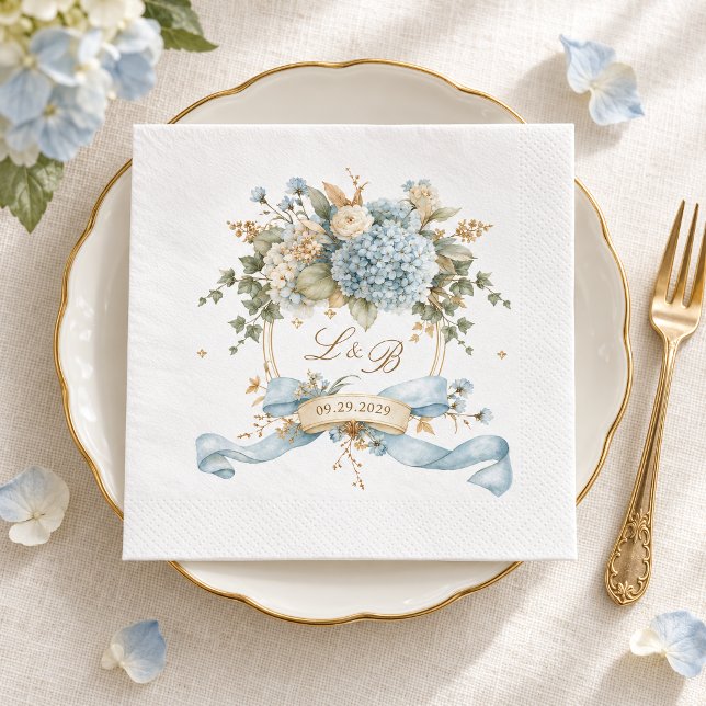 French Blue Hydrangea Monogram Crest Wedding Napkin (Creator Uploaded)