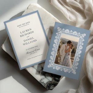 French Blue Lace Frame Wedding Save The Date