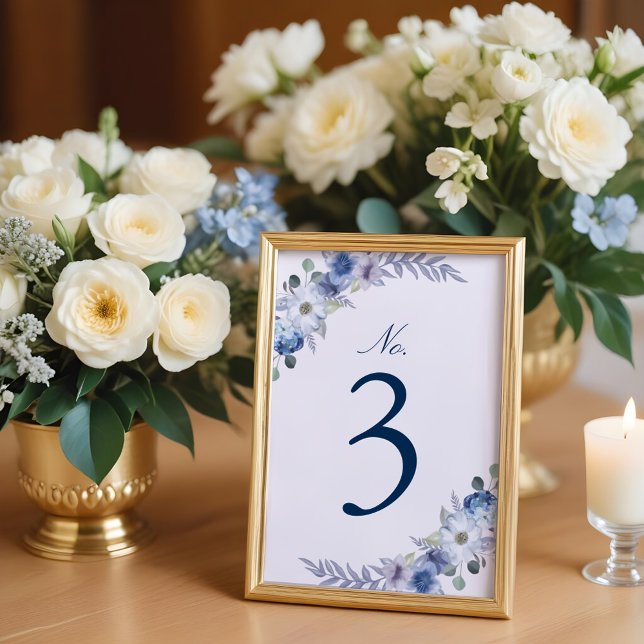French Blue & Lavender Watercolor Floral White Table Number (French Blue & Lavender Watercolor Floral White Table Number)