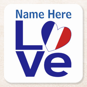 French Blue LOVE Heart Flag Personalised  Square Paper Coaster