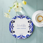 French Blue Mediterranean tiles bridal shower Paper Plate<br><div class="desc">Blue Majolica Mexican Talavera Spanish French Mediterranean tiles bridal shower printed paper plates template. Modern watercolor tiles blue colours with modern handwriting font personalised tableware printed plates custom table decor</div>