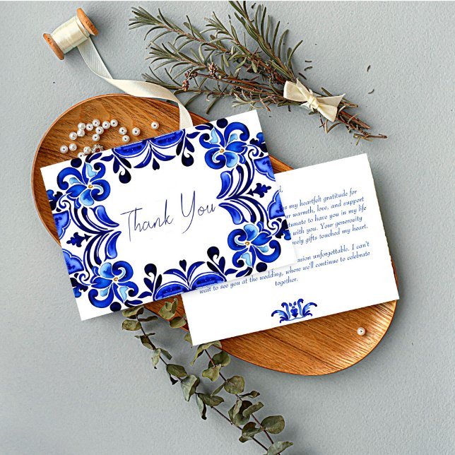 French Blue Mediterranean tiles bridal shower Thank You Card (French Blue Mediterranean folk art tiles bridal shower Thank You Cards wedding thank you cards)