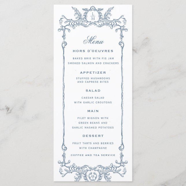 French Blue Ornate Baroque | Monogram Wedding  Menu (Front)