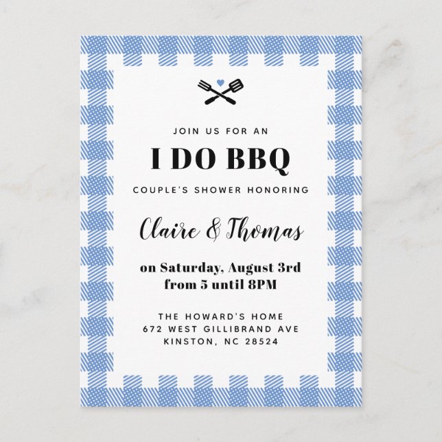 French Blue Picnic Plaid Cloth I Do BBQ Invitation Postcard (Front)