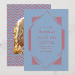 French Blue & Rose Gold Art Deco Wedding Photo Invitation