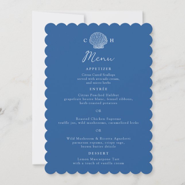 French Blue Scalloped Seashell Menu Card (Front)