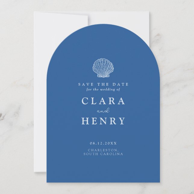 French Blue Seashell Coastal Save the Date Invitation (Front)