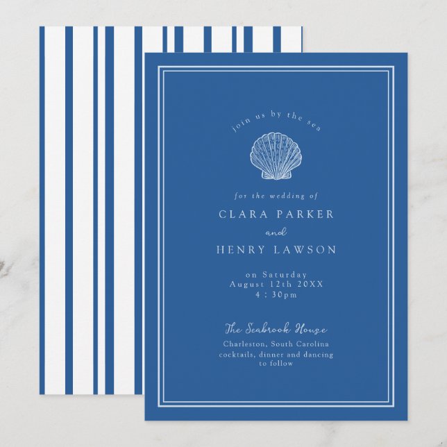French Blue Seashell Coastal Wedding Invitation (Front/Back)