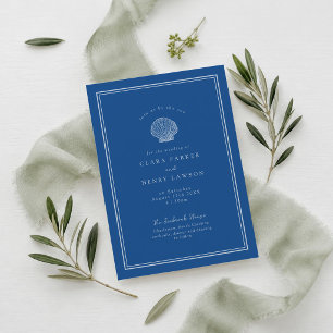 French Blue Seashell Coastal Wedding Invitation