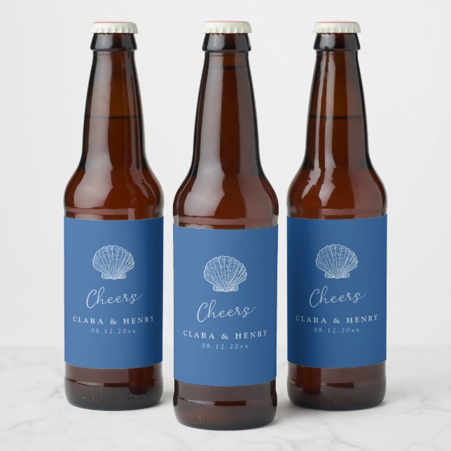French Blue Seashell Wedding Beer Label (Bottles)
