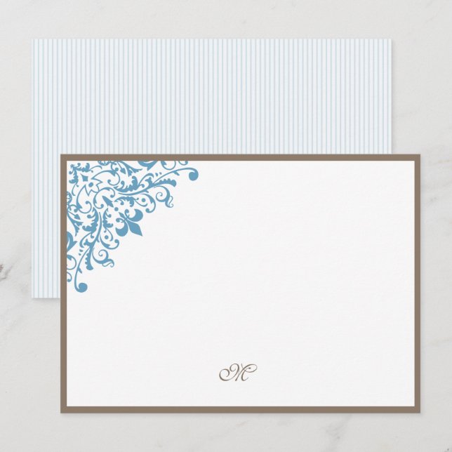 French Blue Stripe Fleur de Lis Script Monogram Card (Front/Back)