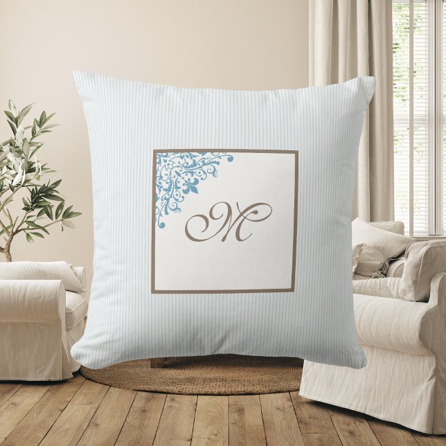 French Blue Stripe Fleur de Lis Script Monogram Cushion (Creator Uploaded)