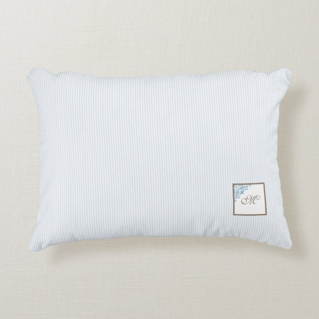 French Blue Stripe Fleur de Lis Script Monogram Decorative Cushion (Front)