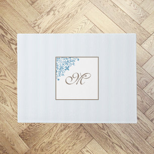 French Blue Stripe Fleur de Lis Script Monogram Doormat