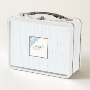 French Blue Stripe Fleur de Lis Script Monogram Metal Lunch Box