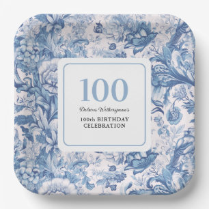 French Blue Toile 100th Birthday Celebration Paper Plate