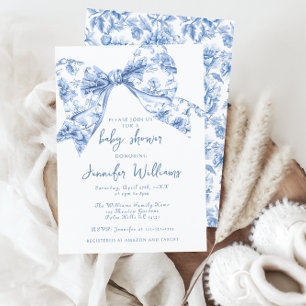 French Blue Toile Bow Sweet Baby Boy Shower Invitation
