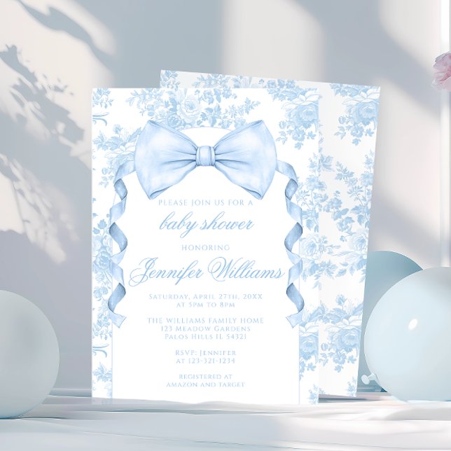 French Blue Toile Bow Tie Ribbon Baby Boy Shower Invitation (Creator Uploaded)