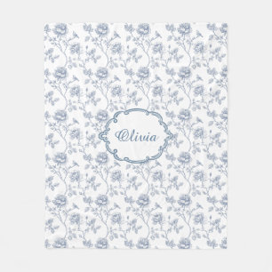French Blue Toile Chinoiserie Floral Custom Name Fleece Blanket