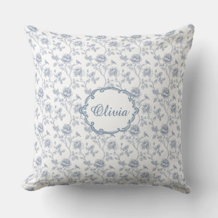 French Blue Toile Chinoiserie Floral Girls Name Cushion