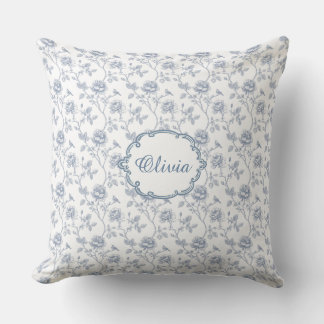 French Blue Toile Chinoiserie Floral Girls Name Cushion