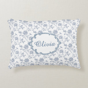 French Blue Toile Chinoiserie Floral Girls Name Decorative Cushion