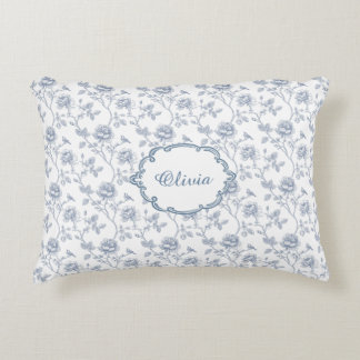 French Blue Toile Chinoiserie Floral Girls Name Decorative Cushion