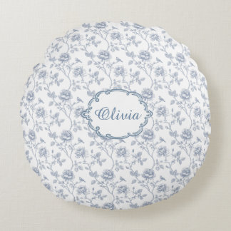 French Blue Toile Chinoiserie Floral Girls Name Round Cushion